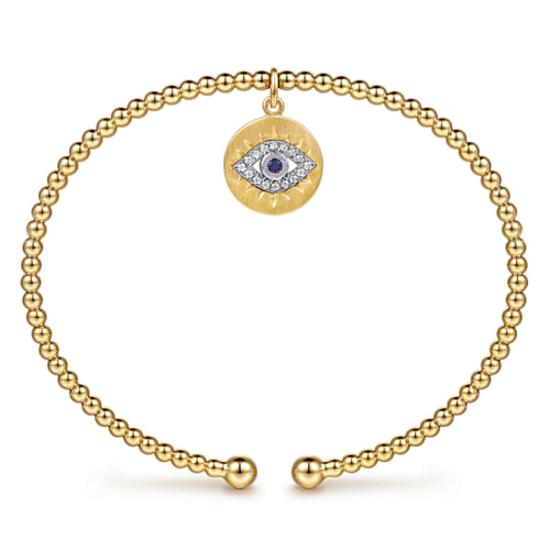 14K White-Yellow Gold Bujukan Sapphire and Diamond Evil Eye Charm Cuff Bangle Bracelet