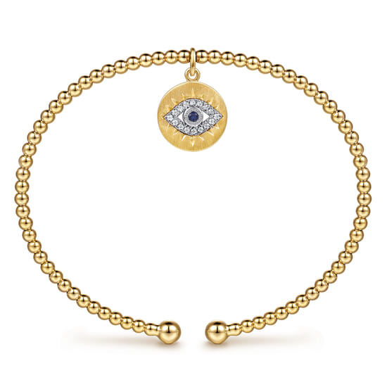 14K White-Yellow Gold Bujukan Sapphire and Diamond Evil Eye Charm Cuff Bangle Bracelet angle 3 14K White-Yellow Gold Bujukan Sapphire and Diamond Evil Eye Charm Cuff Bangle Bracelet angle 3