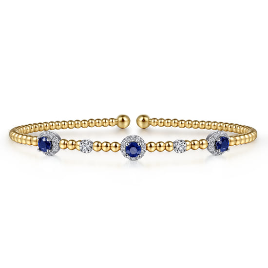 14K White-Yellow Gold Bujukan Sapphire and Diamond Halo Bangle 