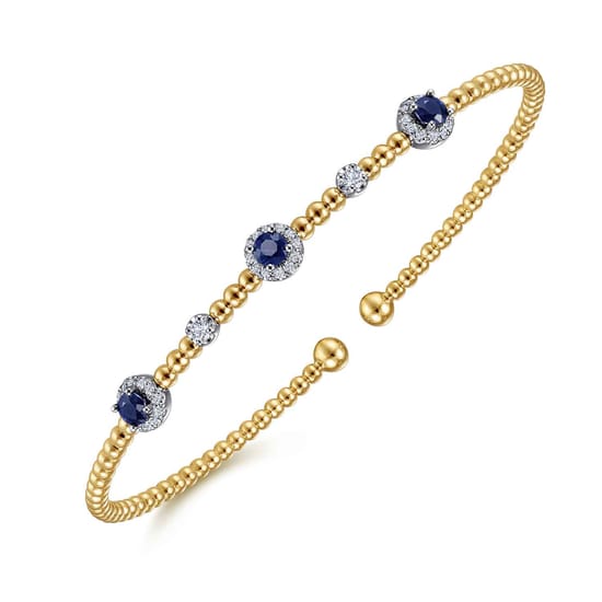 14K White-Yellow Gold Bujukan Sapphire and Diamond Halo Bangle angle 2