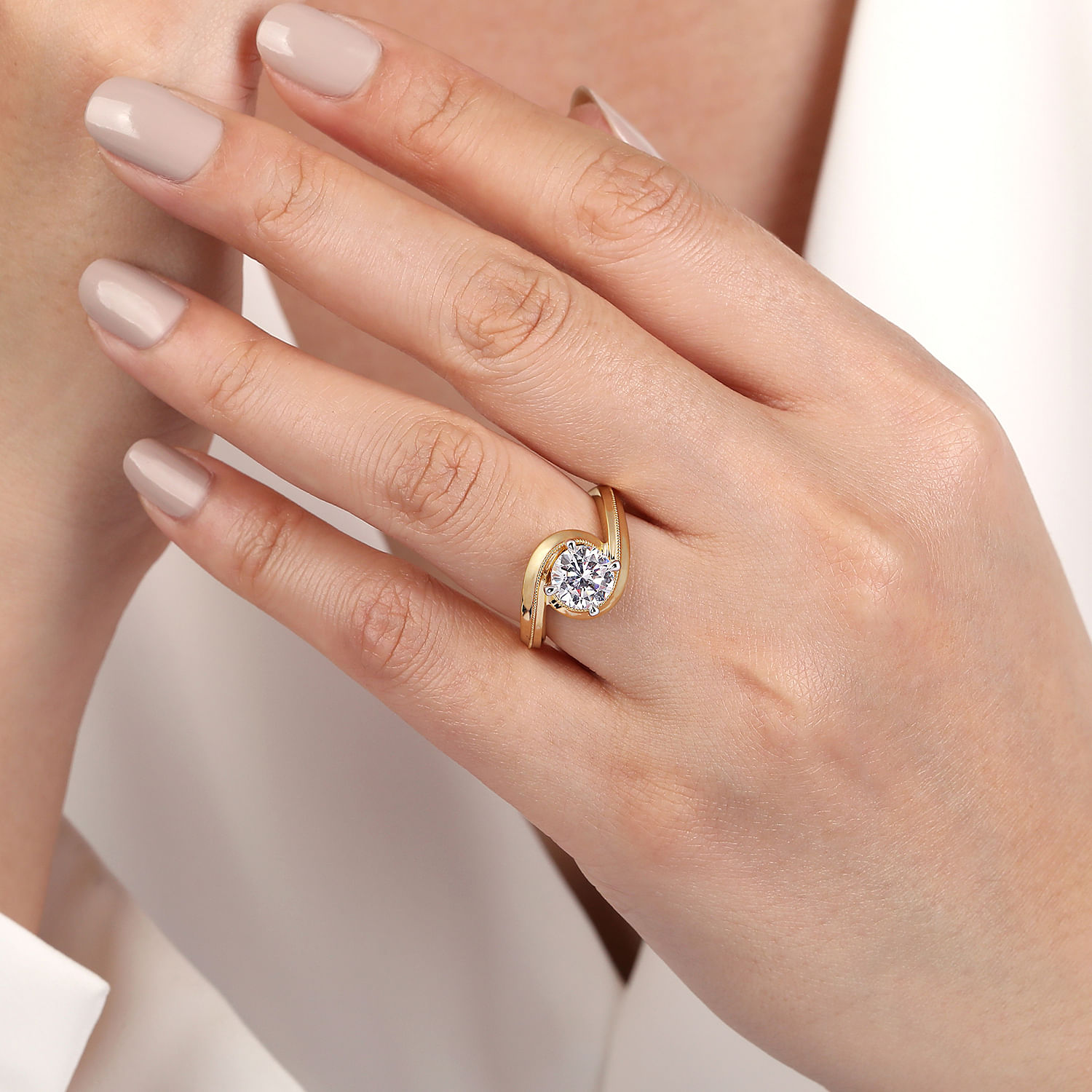 14K White-Yellow Gold Bypass Round Diamond Engagement Ring
