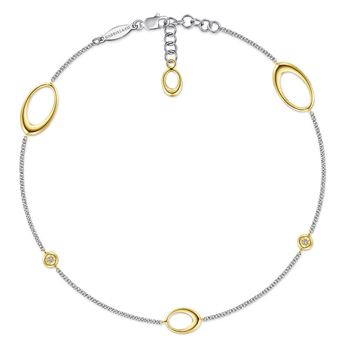14K White-Yellow Gold Chain Ankle Bracelet with Oval Link Stations and Diamond Accents