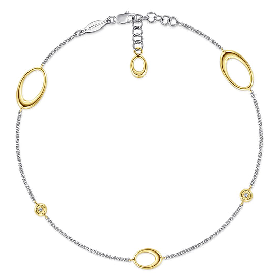 Gabriel - 14K White-Yellow Gold Chain Ankle Bracelet with Oval Link Stations and Diamond Accents