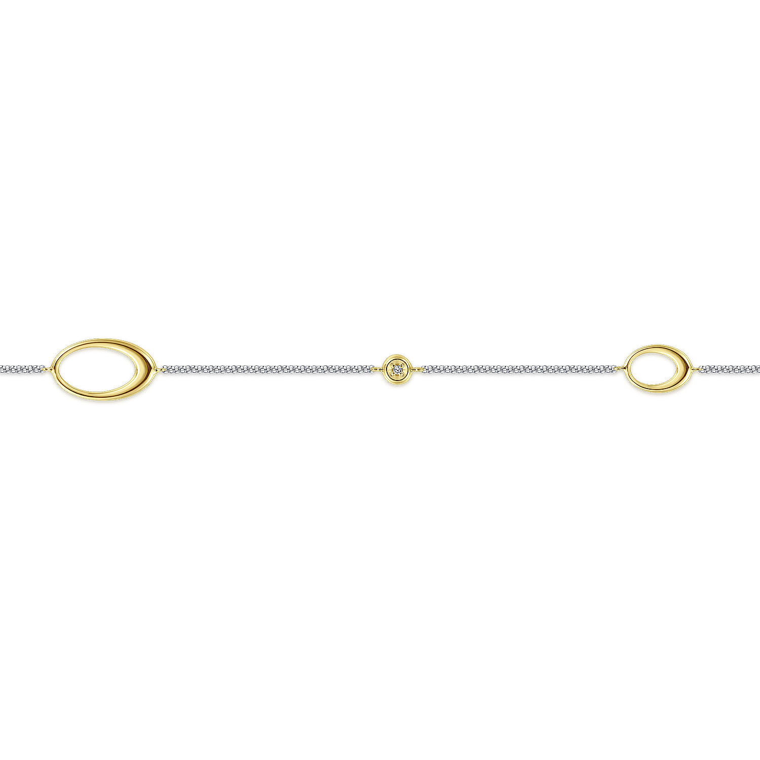 14K White-Yellow Gold Chain Ankle Bracelet with Oval Link Stations and Diamond Accents