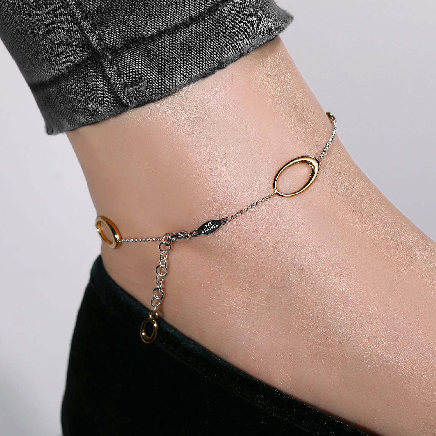 14K White-Yellow Gold Chain Ankle Bracelet with Oval Link Stations and Diamond Accents