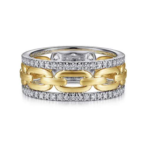 14K White-Yellow Gold Chain Link Diamond Border Ring