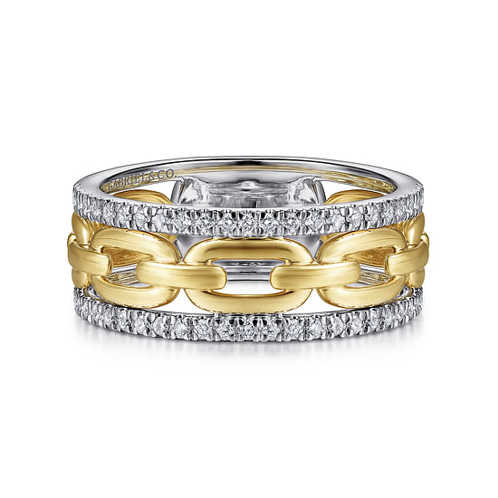 Gabriel - 14K White-Yellow Gold Chain Link Diamond Border Ring