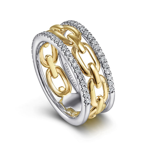 14K White-Yellow Gold Chain Link Diamond Border Ring