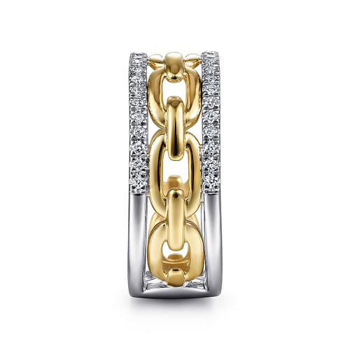 14K White-Yellow Gold Chain Link Diamond Border Ring