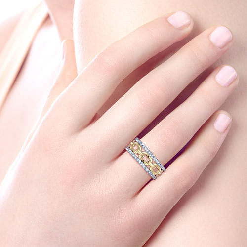 14K White-Yellow Gold Chain Link Diamond Border Ring