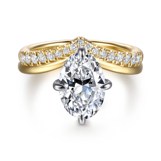 14K White-Yellow Gold Chevron Compass Prong Oval Diamond Engagement Ring