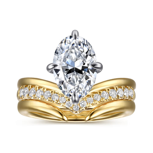 14K White-Yellow Gold Chevron Compass Prong Oval Diamond Engagement Ring