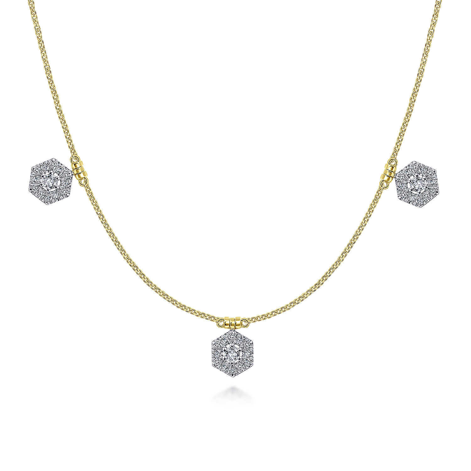14K White-Yellow Gold Choker Necklace with Hexagonal Diamond Halo Stations