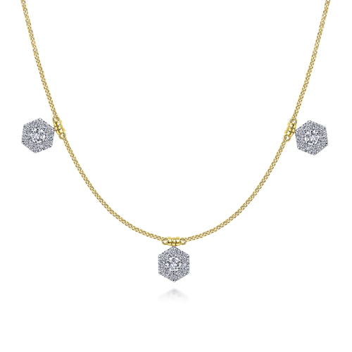 14K White-Yellow Gold Choker Necklace with Hexagonal Diamond Halo Stations