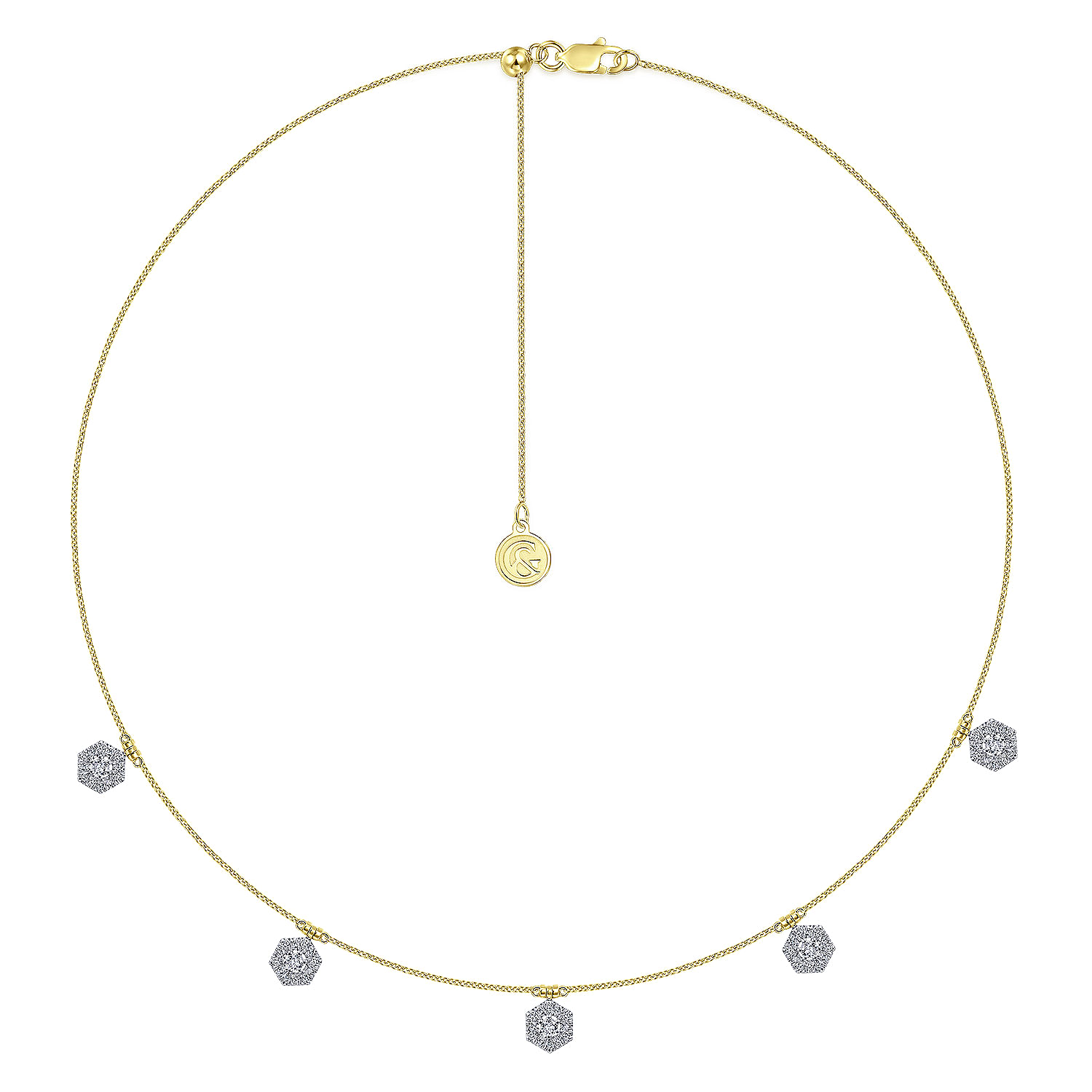 14K White-Yellow Gold Choker Necklace with Hexagonal Diamond Halo Stations