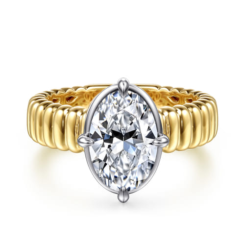 14K White-Yellow Gold Compass Bezel Prong Oval Diamond Engagement Ring