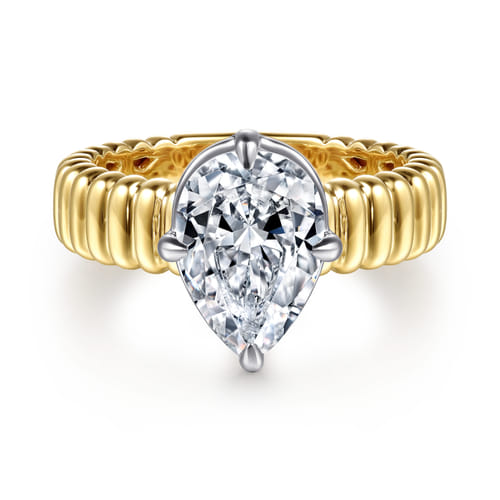 14K White-Yellow Gold Compass Bezel Prong Pear Diamond Engagement Ring