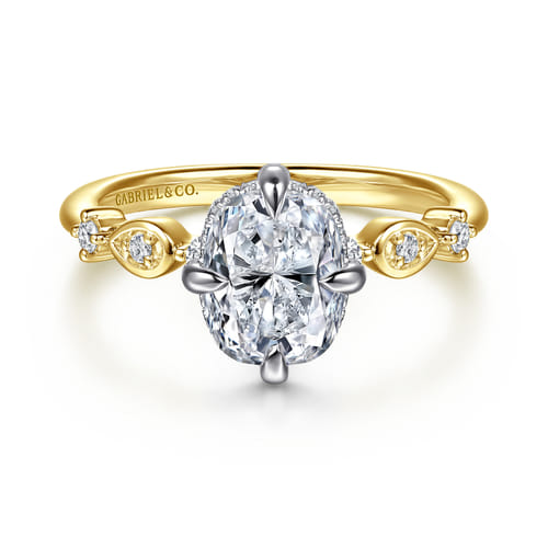 14K White-Yellow Gold Compass Prong Elongated Cushion Diamond Engagement Ring