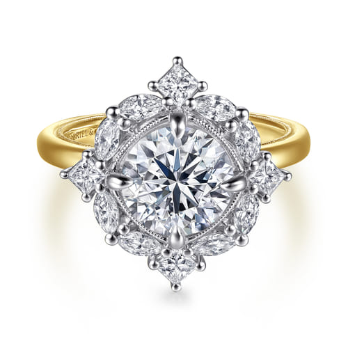 14K White-Yellow Gold Compass Prong Round Halo Diamond Engagement Ring