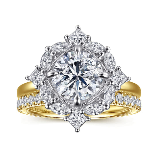 14K White-Yellow Gold Compass Prong Round Halo Diamond Engagement Ring angle 4