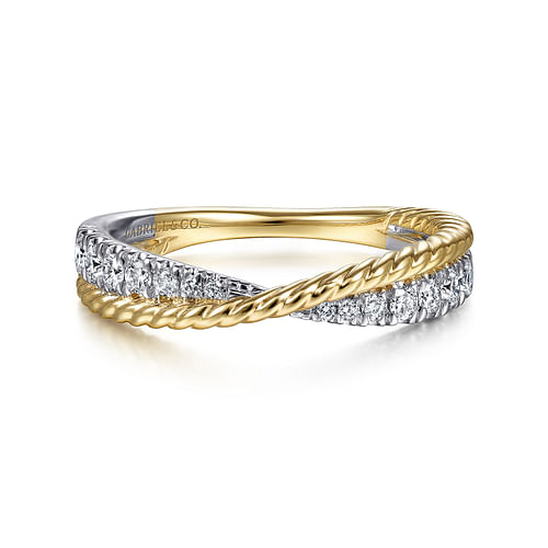 14K White-Yellow Gold Criss Cross Diamond Anniversary Band with Twisted Rope Detail