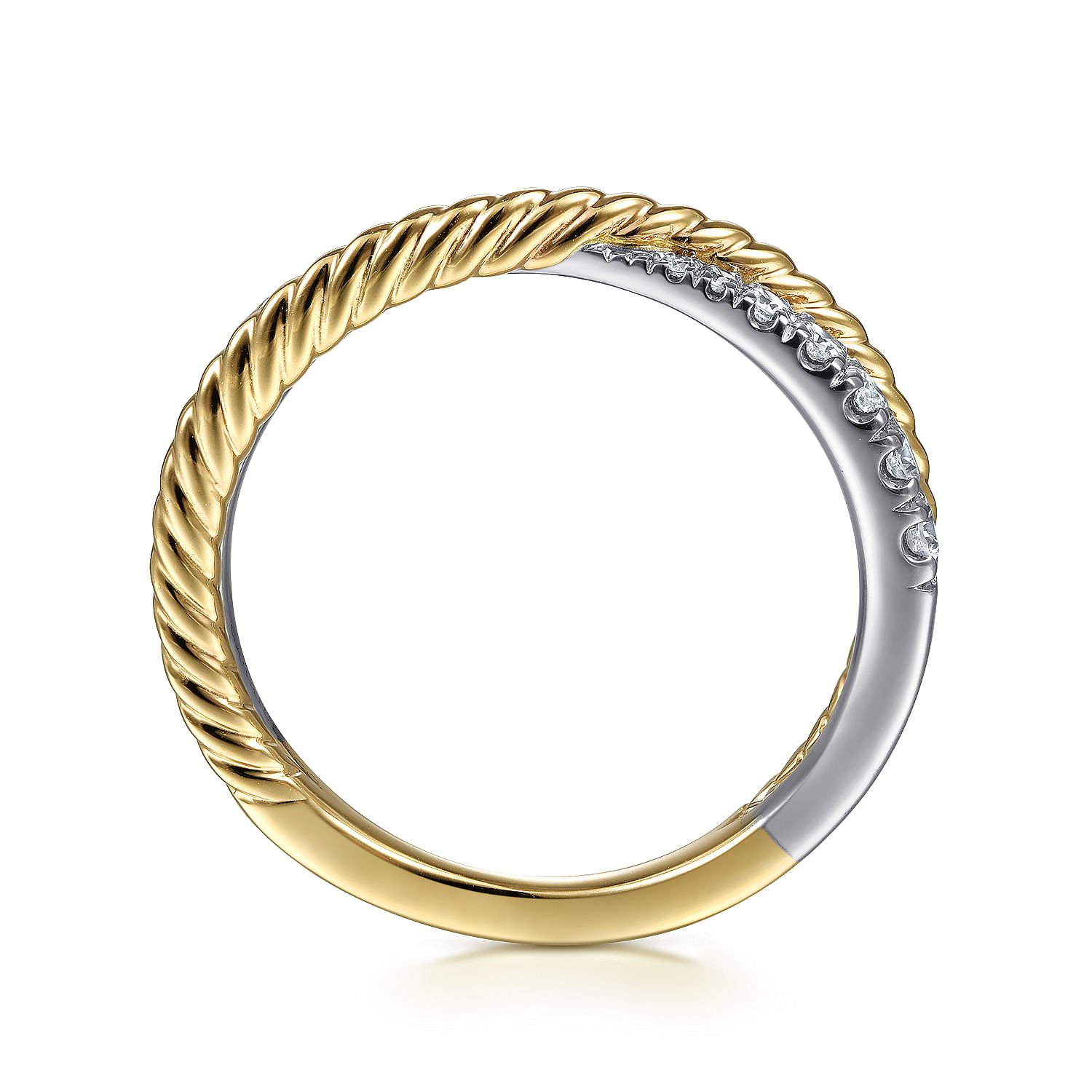14K White-Yellow Gold Criss Cross Diamond Anniversary Band with Twisted Rope Detail