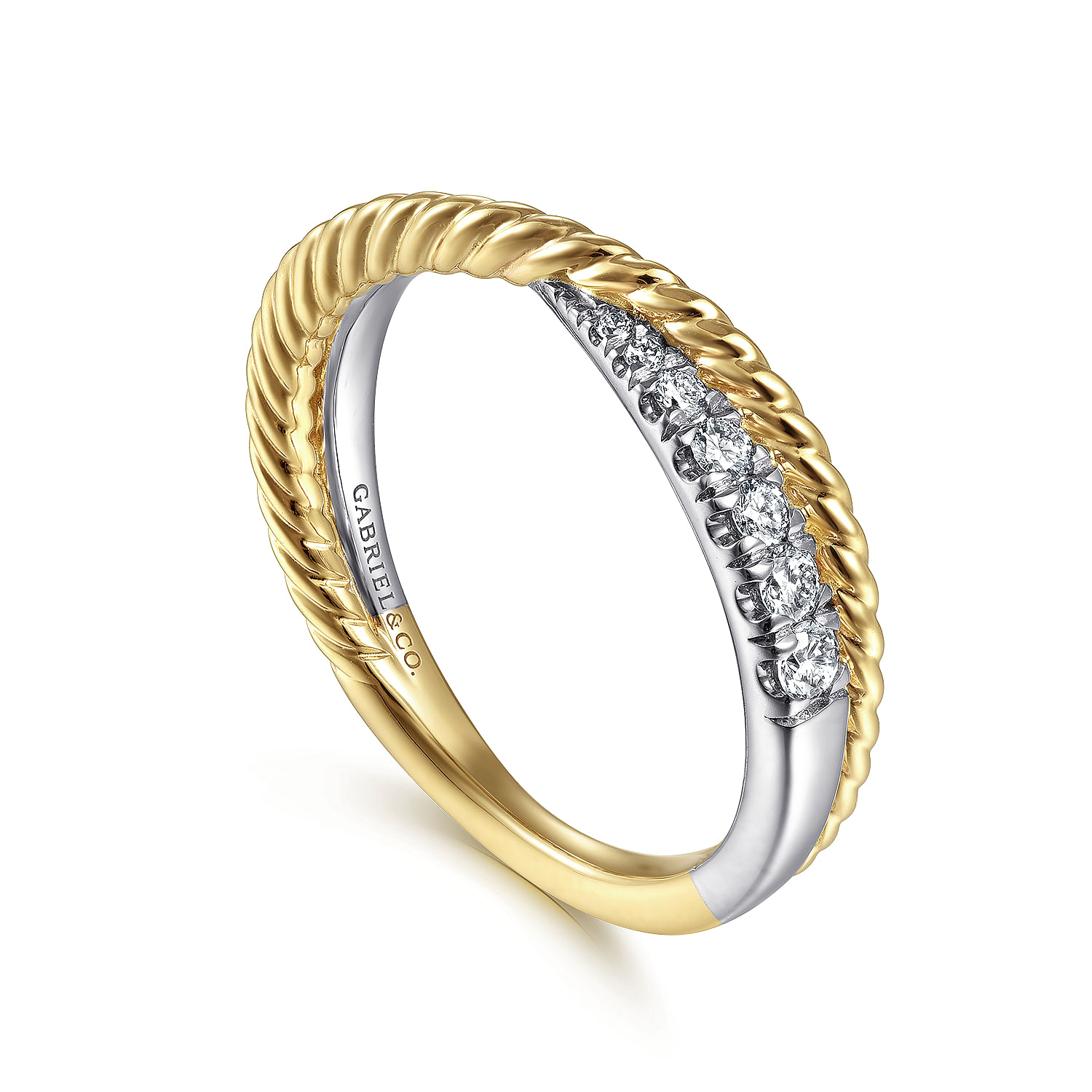 14K White-Yellow Gold Criss Cross Diamond Anniversary Band with Twisted Rope Detail