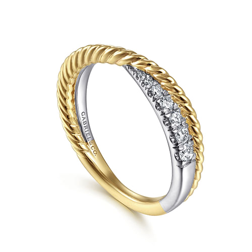 14K White-Yellow Gold Criss Cross Diamond Anniversary Band with Twisted Rope Detail