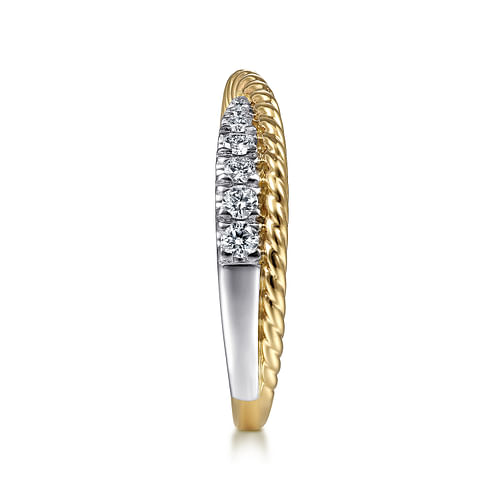 14K White-Yellow Gold Criss Cross Diamond Anniversary Band with Twisted Rope Detail