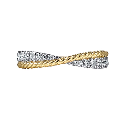 14K White-Yellow Gold Criss Cross Diamond Anniversary Band with Twisted Rope Detail