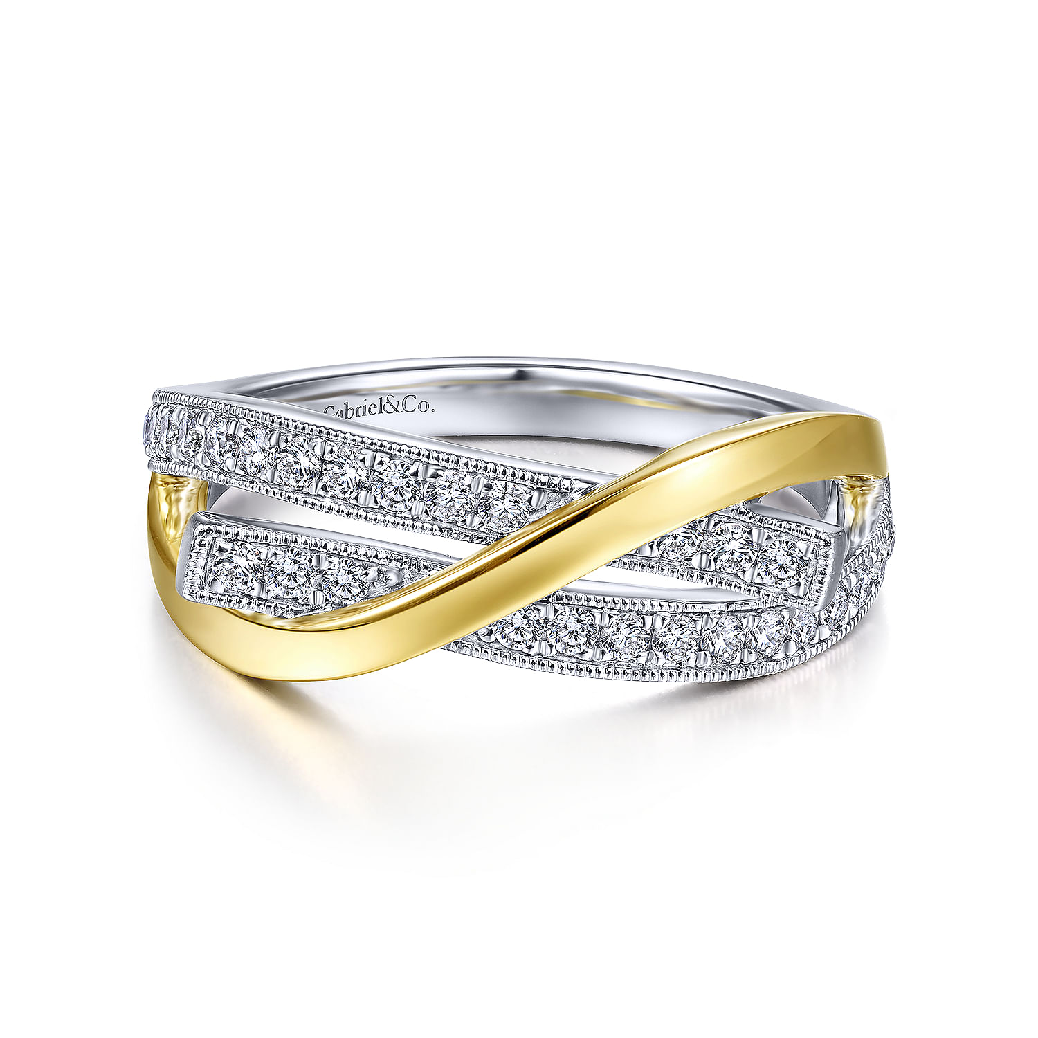 14K White-Yellow Gold Criss Crossing Diamond and Plain Row Ring