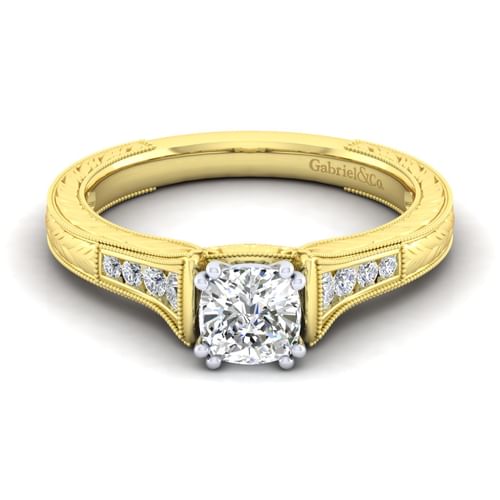 14K White-Yellow Gold Cushion Cut Diamond Channel Set Engagement Ring