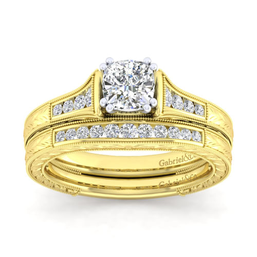 14K White-Yellow Gold Cushion Cut Diamond Channel Set Engagement Ring
