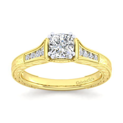 14K White-Yellow Gold Cushion Cut Diamond Channel Set Engagement Ring