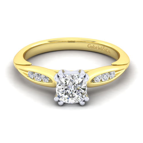 14K White-Yellow Gold Cushion Cut Diamond Channel Set Engagement Ring