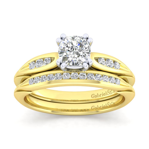 14K White-Yellow Gold Cushion Cut Diamond Channel Set Engagement Ring