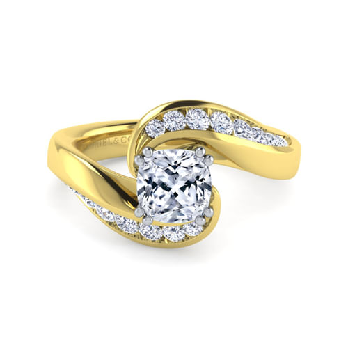 14K White-Yellow Gold Cushion Cut Diamond Channel Set Engagement Ring