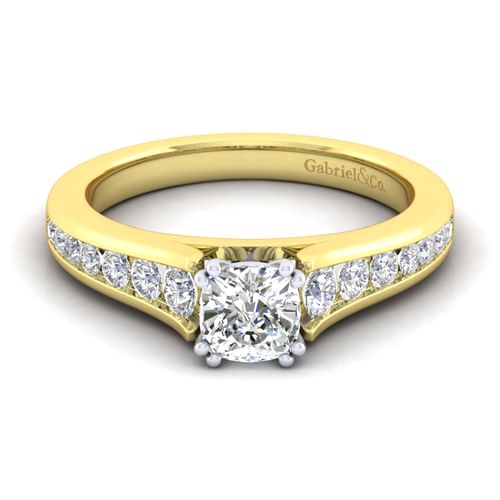 14K White-Yellow Gold Cushion Cut Diamond Channel Set Engagement Ring