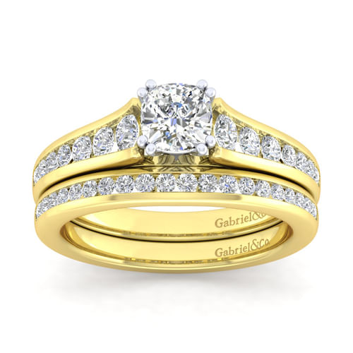 14K White-Yellow Gold Cushion Cut Diamond Channel Set Engagement Ring