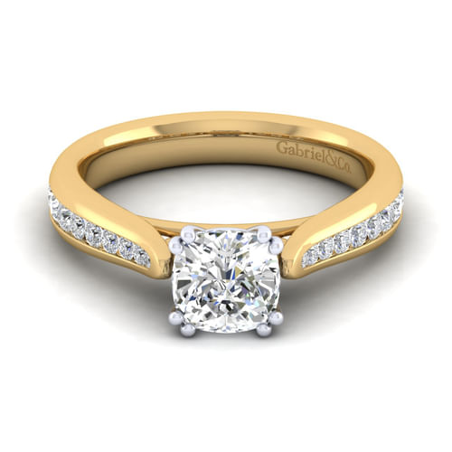 14K White-Yellow Gold Cushion Cut Diamond Channel Set Engagement Ring