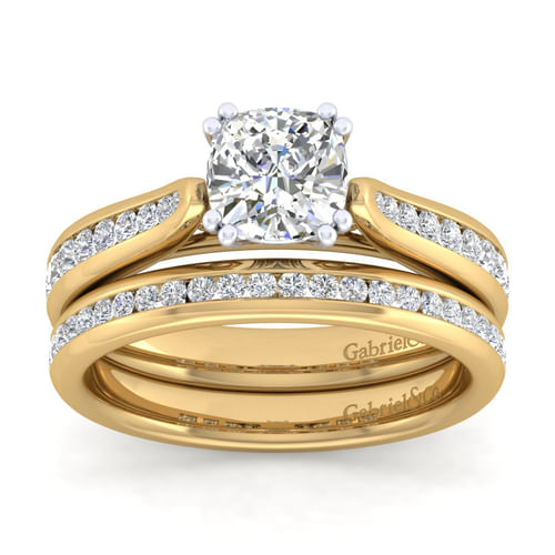 14K White-Yellow Gold Cushion Cut Diamond Channel Set Engagement Ring