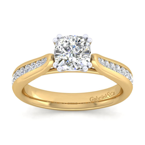 14K White-Yellow Gold Cushion Cut Diamond Channel Set Engagement Ring