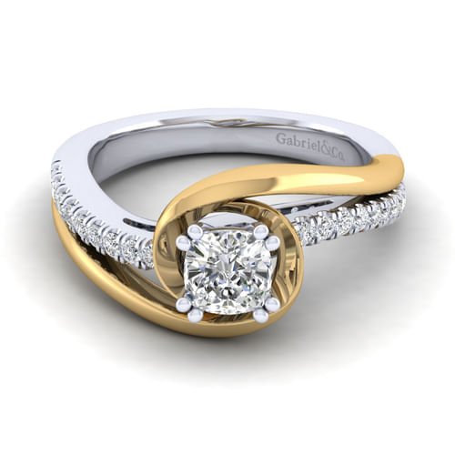 14K White-Yellow Gold Cushion Cut Diamond Engagement Ring