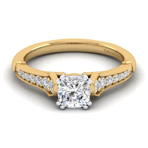 14K White-Yellow Gold Cushion Cut Diamond Engagement Ring