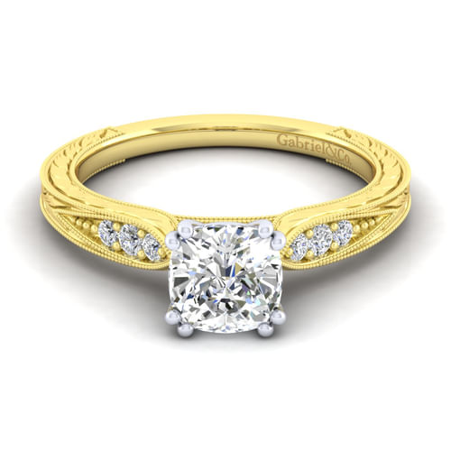 14K White-Yellow Gold Cushion Cut Diamond Engagement Ring
