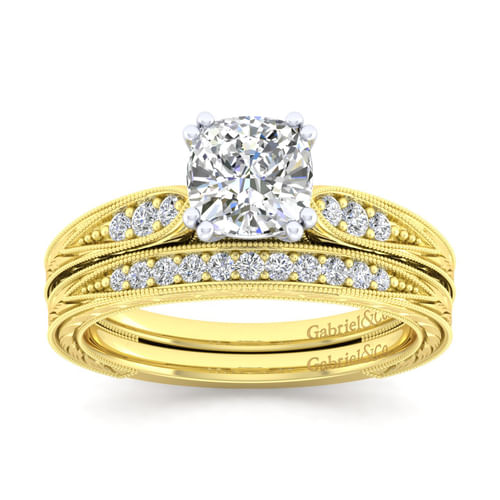 14K White-Yellow Gold Cushion Cut Diamond Engagement Ring