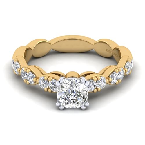 14K White-Yellow Gold Cushion Cut Diamond Engagement Ring