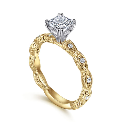 14K White-Yellow Gold Cushion Cut Diamond Engagement Ring