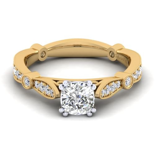 14K White-Yellow Gold Cushion Cut Diamond Engagement Ring