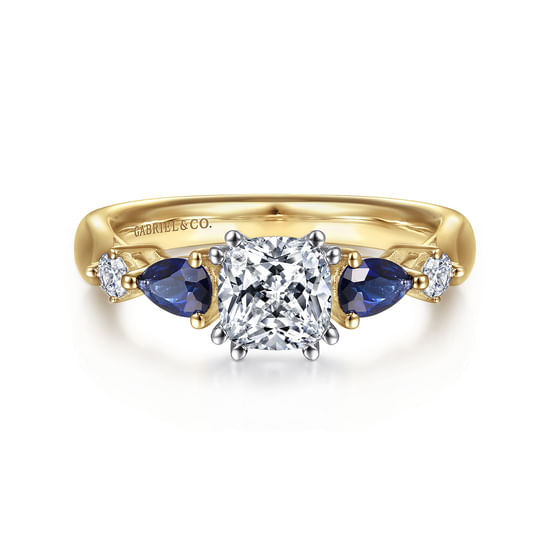 Gabriel - 14K White-Yellow Gold Cushion Cut Five Stone Sapphire and Diamond Engagement Ring